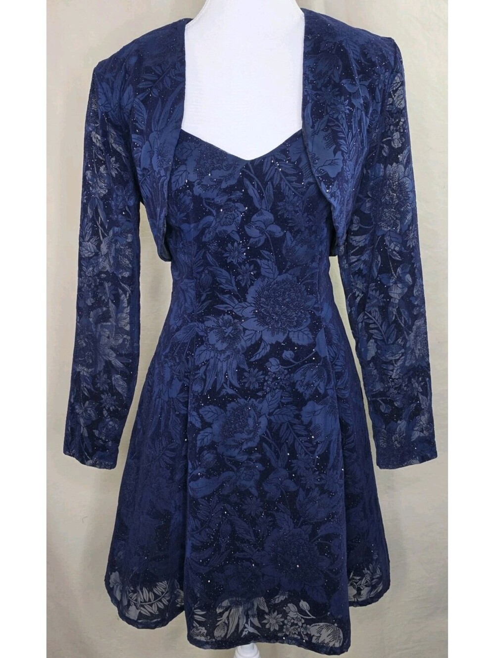Vintage 90s Nite Kraze Navy Blue Floral Glitter Dress & Bolero Set - Size 5/6